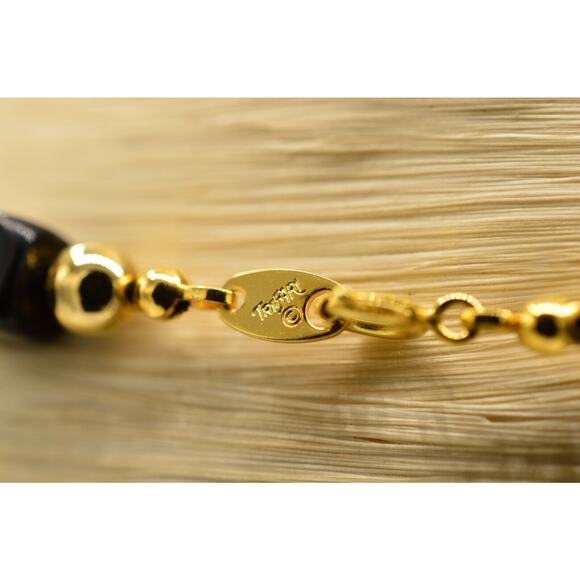 Trifari Black Beaded Necklace Statement Gold Geometric 32" Vintage Signed BinR - Picture 9 of 10